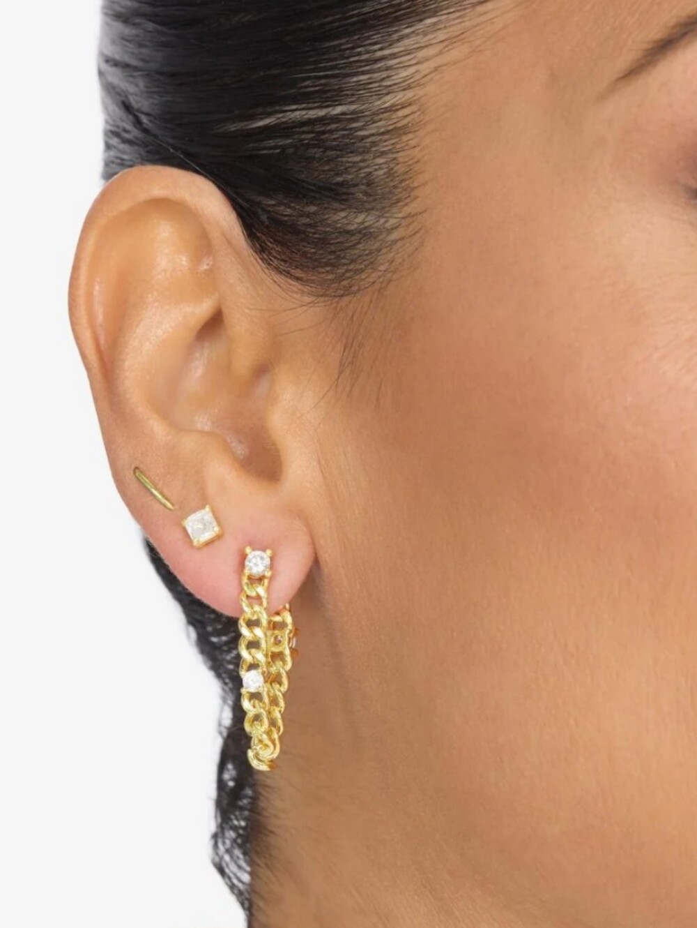 New! Julian Triple Diamond 4mm Gold Soft Chain Hoops - Picture 3 of 5